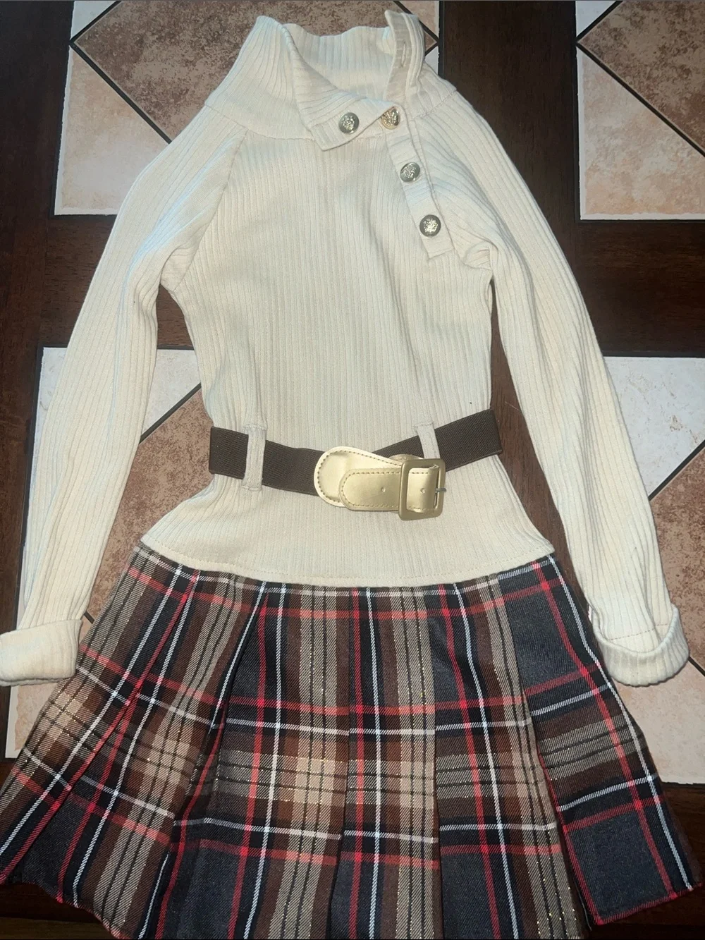 Girls Cream Ribbed Sweater Dress with Plaid Skirt and Belt